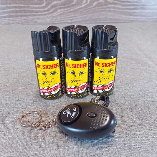 Selbstschutzset – 3x Pfefferspray + 1x 120dB Alarm – Kompakt & Sicher unterwegs