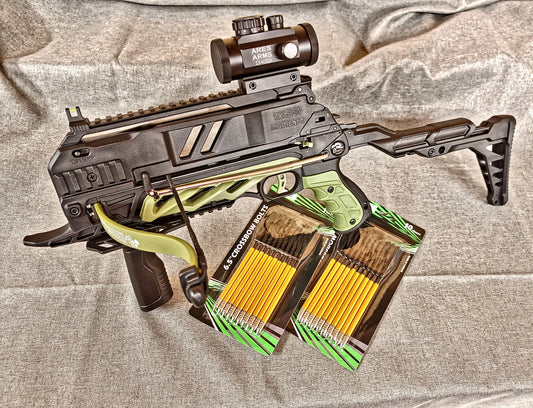HERBSTANGSBOT  Pistolenarmbrust SOBEK 80 lbs mit Magazin + 20 Pfeile + Red Dot Visier OLIV